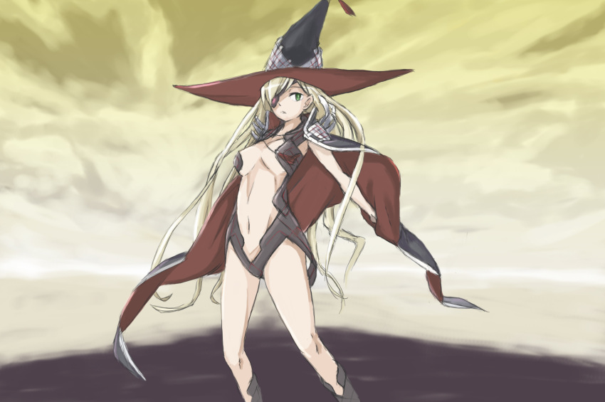 1girl artist_request blonde_hair breasts cape cleavage clouds groin hat highres long_hair navel othinus sketch solo to_aru_majutsu_no_index witch_hat yellow_sky