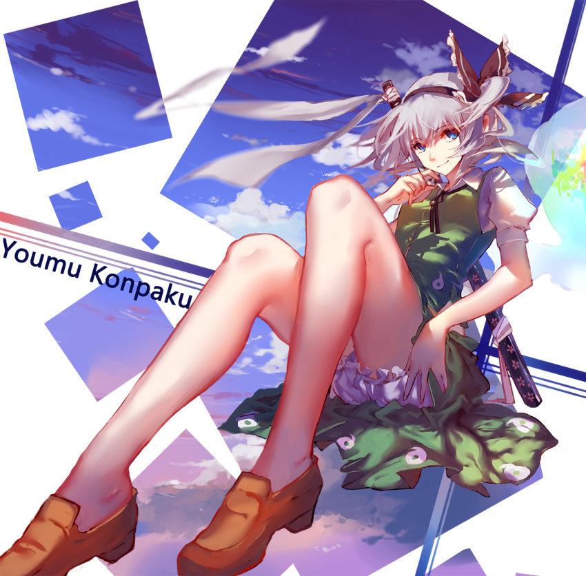 1girl bloomers blue_eyes blue_sky bow character_name clouds collared_shirt day frilled_bow frills green_skirt green_vest hairband highres konpaku_youmu konpaku_youmu_(ghost) legs looking_at_viewer miko_ari ribbon shirt short_hair silver_hair skirt sky small_breasts smile solo square thighs touhou underwear white_background white_shirt wind
