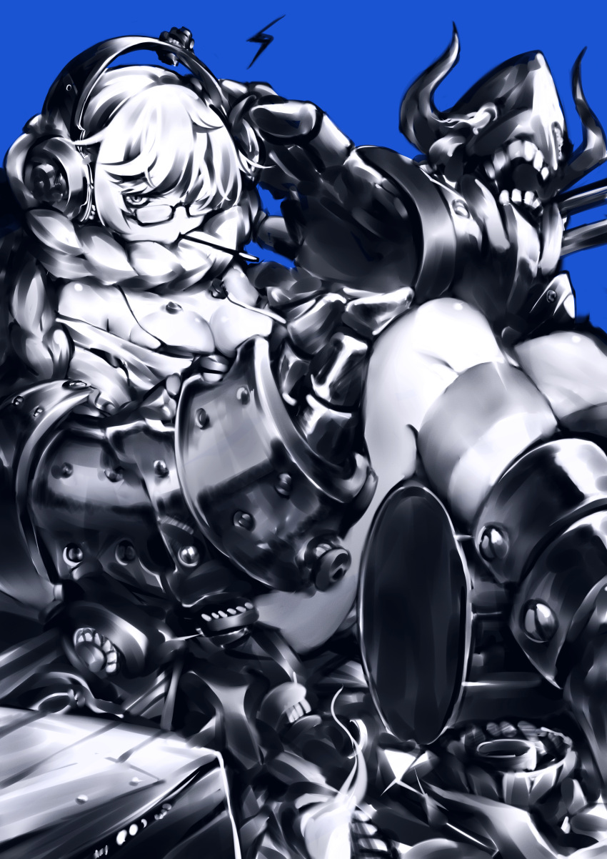 1girl absurdres bangs black_bra bra bra_strap braid gauntlets glasses hair_scarf headphones highres kantai_collection lightning_bolt long_hair looking_at_viewer machinery monochrome mouth_hold off_shoulder one_eye_covered pocky screw semi-rimless_glasses shinkaisei-kan simple_background solo supply_depot_hime under-rim_glasses underwear very_long_hair yamano_(yamanoh)