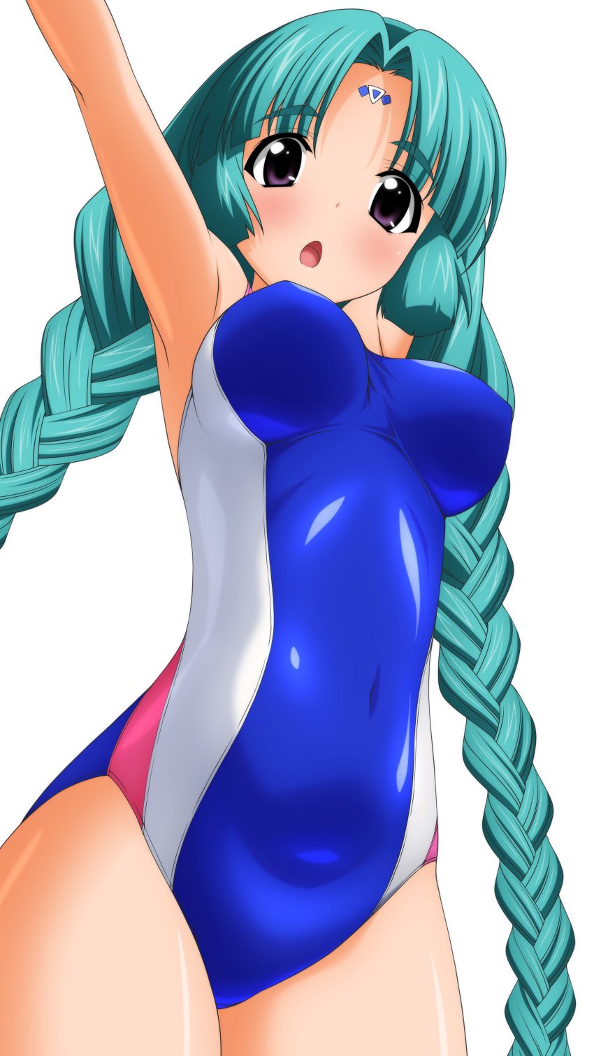 1girl absurdres aqua_hair braid canal_vorfeed competition_swimsuit dutch_angle highres long_hair lost_universe one-piece_swimsuit solo sugimura_tomokazu swimsuit twin_braids twintails violet_eyes
