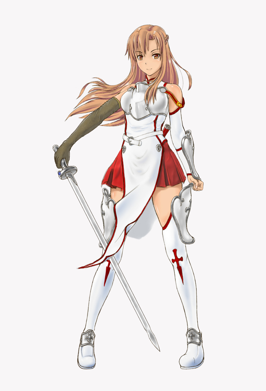 1girl armor armored_dress artist_request asuna_(sao) blonde_hair elbow_gloves embellished_costume female gloves highres long_hair skirt solo sword sword_art_online thigh-highs weapon white_background yellow_eyes