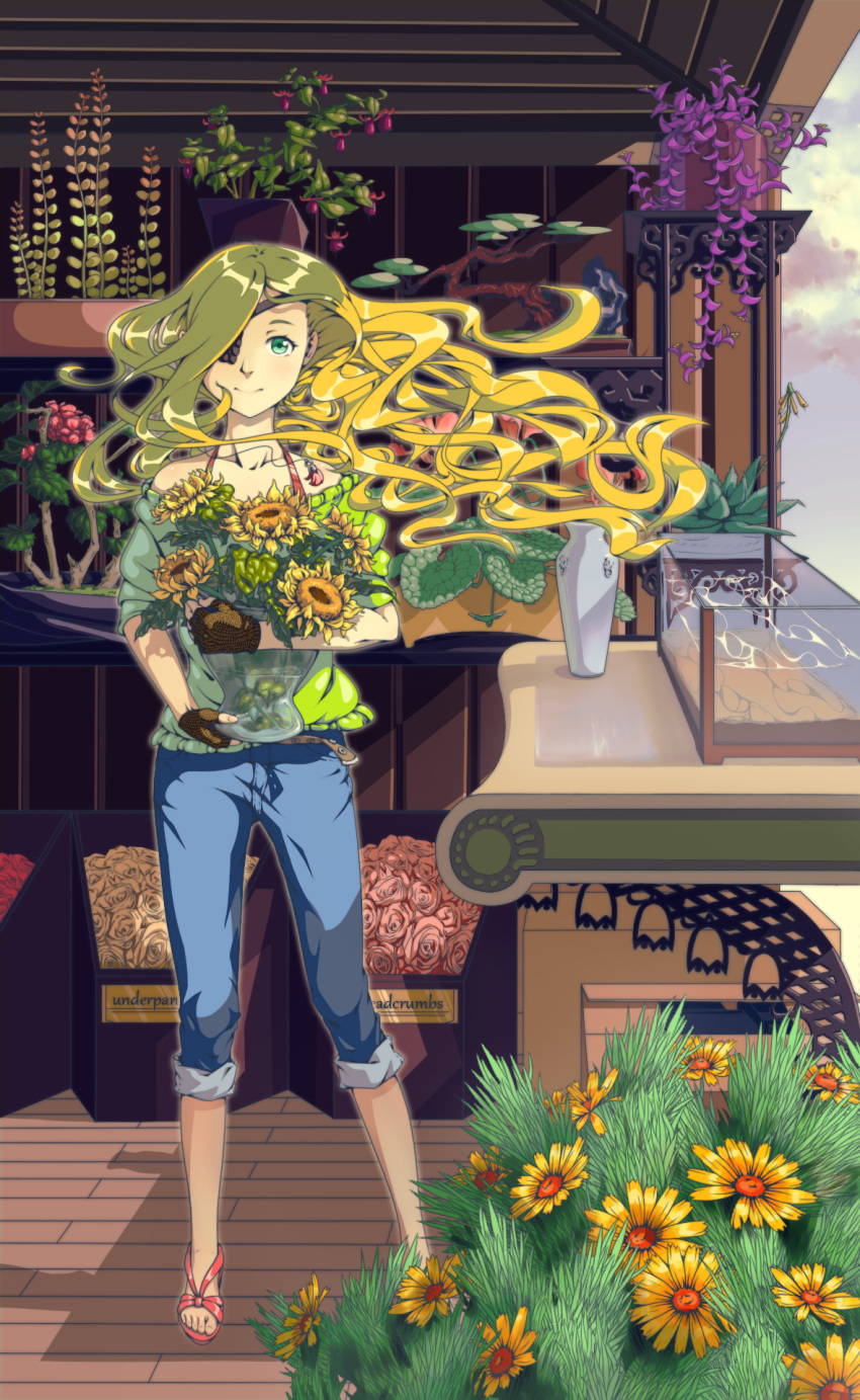 1girl aloe_(plant) belt blonde_hair blouse blush bonsai bra_strap brown_gloves daisy denim eyepatch fingerless_gloves fish_tank floating_hair flower flower_request flower_shop fuchsia_(flower) gloves green_blouse green_eyes hair_over_one_eye highres holding indoors jeans long_hair looking_at_viewer no_socks off_shoulder othinus pants pants_rolled_up pink_rose plant planter potted_plant red_rose rose sandals shelf shop smile solo standing sunflower sunlight to_aru_majutsu_no_index to_aru_majutsu_no_index:_new_testament toes vase very_long_hair water white_rose window wooden_floor zuozishanning