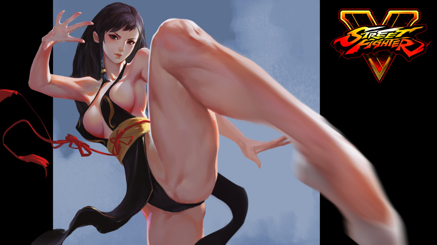 1girl absurdres alternate_costume alternate_hair_length alternate_hairstyle bare_legs bracelet breasts brown_hair chun-li cleavage copyright_name flats grandialee hair_down highres jewelry kicking long_hair motion_blur no_bra revision sideboob solo spiked_bracelet spikes street_fighter street_fighter_v thighs
