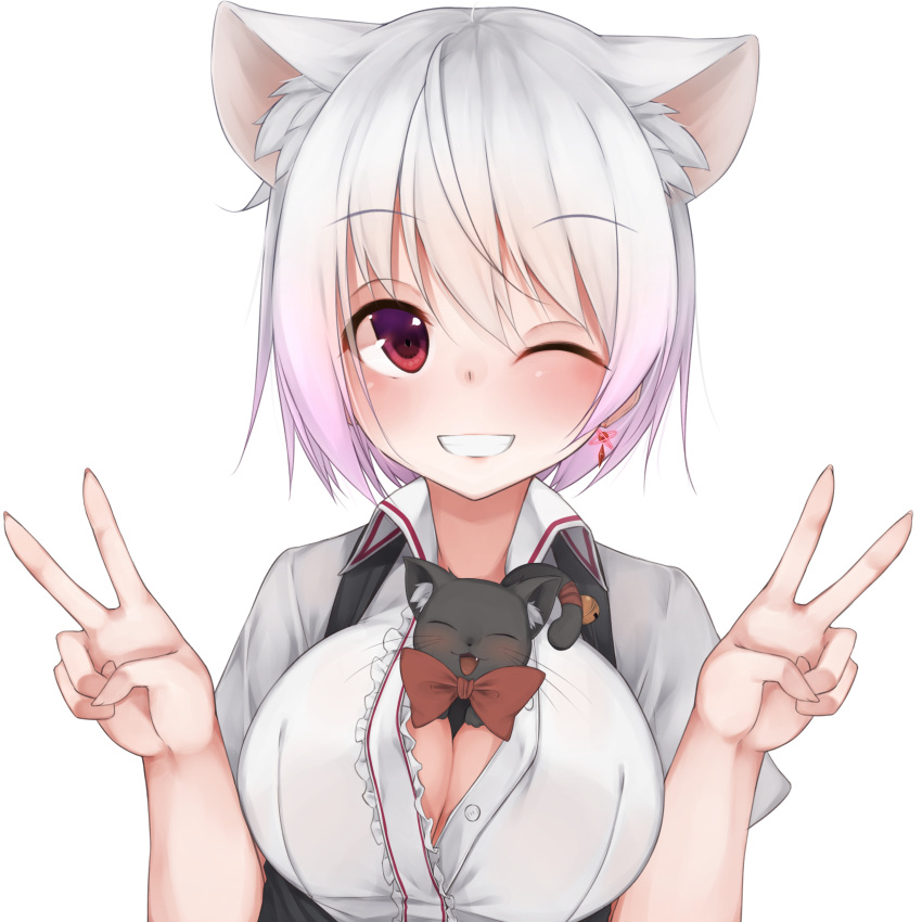 1girl :3 ;d ^_^ ^o^ absurdres albino animal_ears bell between_breasts black_fur blush bow bowtie breasts cat cat_ears closed_eyes collared_shirt double_v earrings eyebrows eyebrows_visible_through_hair fang fur hair_between_eyes highres jewelry jingle_bell kitten large_breasts looking_at_viewer one_eye_closed open_clothes open_mouth open_shirt original pointy_ears red_bow red_bowtie red_eyes red_ribbon ribbon shirt short_hair smile solo suspenders tail tail_ribbon tareme teeth tooth unbuttoned upper_body v waterdog whiskers white_hair white_shirt