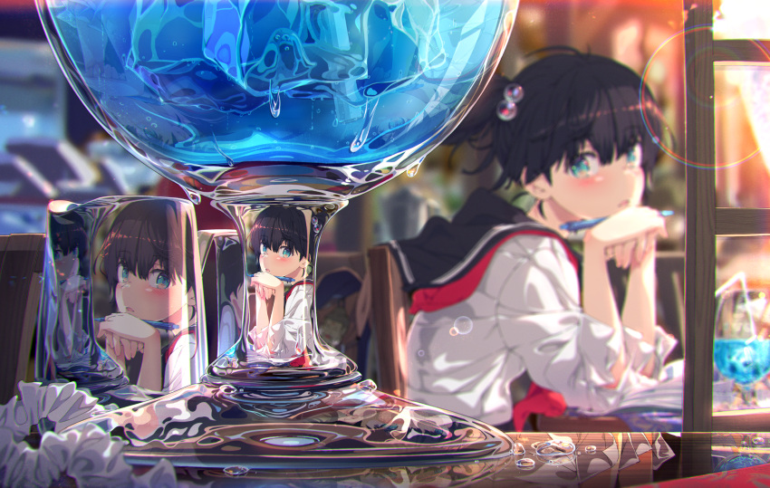1girl bangs black_hair black_sailor_collar blue_eyes blurry blurry_background blush cup depth_of_field drinking_glass from_side highres holding holding_pen lens_flare long_sleeves looking_at_viewer looking_to_the_side ogipote original own_hands_together parted_lips pen reflection sailor_collar school_uniform serafuku shirt short_hair short_ponytail sitting solo table upper_body water_drop white_shirt