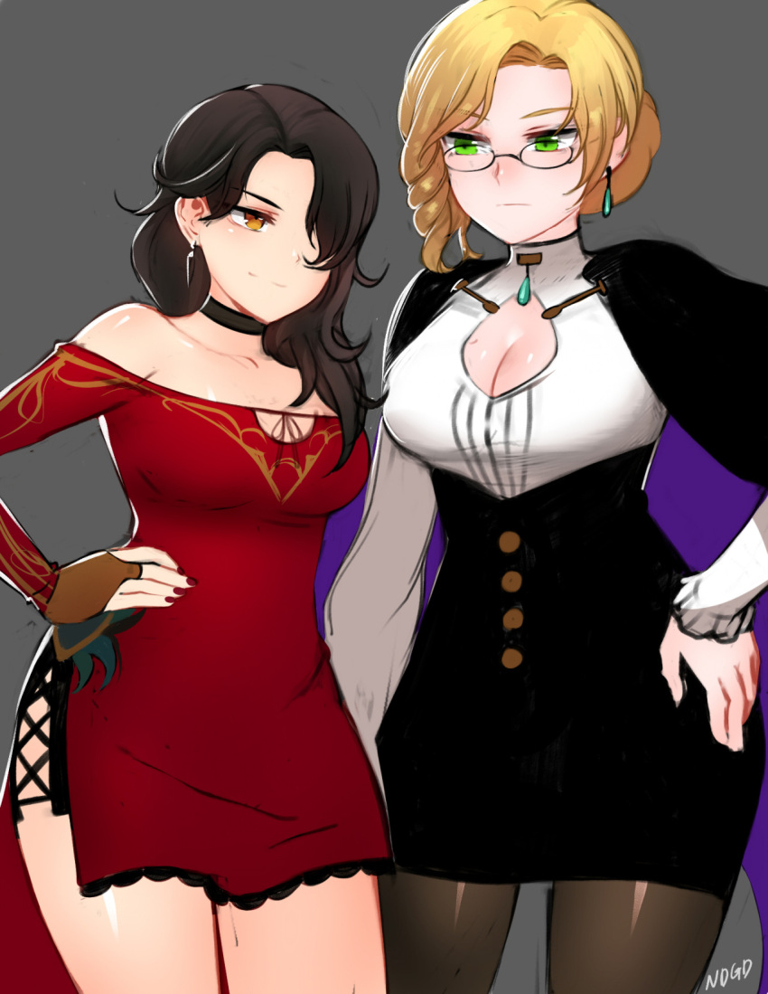 2girls black_hair blonde_hair breasts bridal_gauntlets cape cinder_fall cleavage cleavage_cutout dress earrings glasses glynda_goodwitch green_eyes highres jewelry large_breasts multiple_girls ndgd_(bean1215) pantyhose red_dress rwby shiny shiny_skin side_slit thigh_gap thighs yellow_eyes