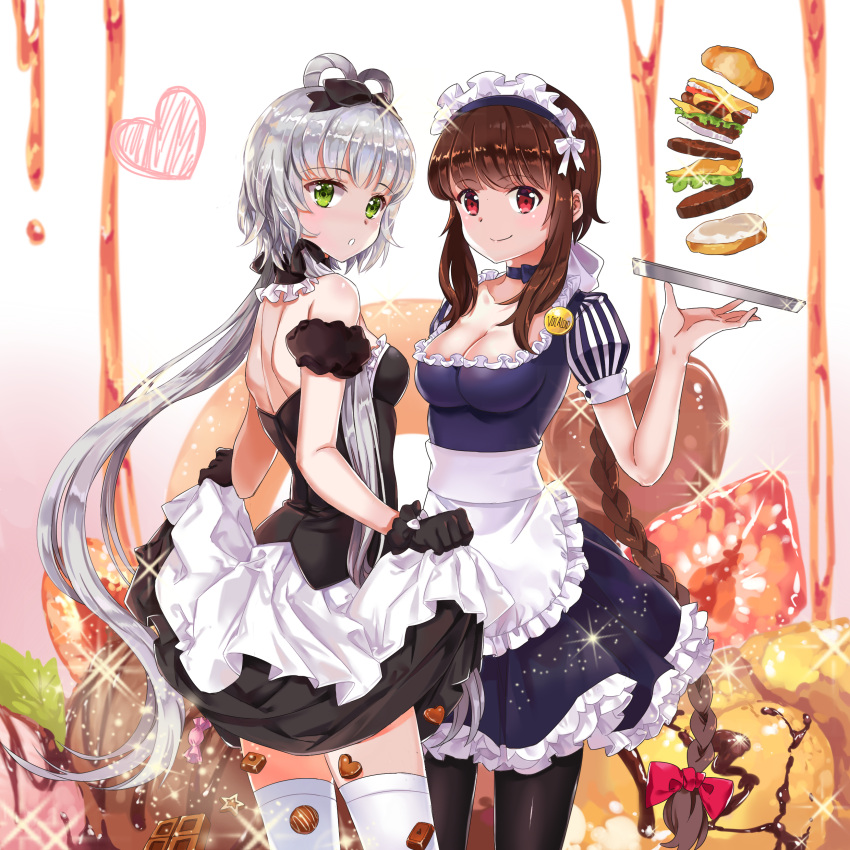 2girls :o absurdres alternate_costume apron back bangs bare_shoulders black_bow black_dress black_gloves black_hair black_legwear blue_dress blurry blush bow braid breasts brown_hair candy caramel chocolate chocolate_heart choker cleavage closed_mouth cowboy_shot depth_of_field detached_collar detached_sleeves doughnut dress eyebrows eyebrows_visible_through_hair food fruit gloves gradient gradient_background green_eyes grey_hair guaizi hair_bow hair_ornament hair_rings hamburger heart highres ice_cream legs_apart long_hair looking_at_viewer looking_back luo_tianyi maid maid_headdress mint multiple_girls pantyhose puffy_short_sleeves puffy_sleeves red_eyes short_sleeves single_braid skirt_hold smile sparkle star strawberry striped thigh-highs tray very_long_hair vocaloid vocanese waist_apron white_apron white_bow white_legwear yuezheng_ling