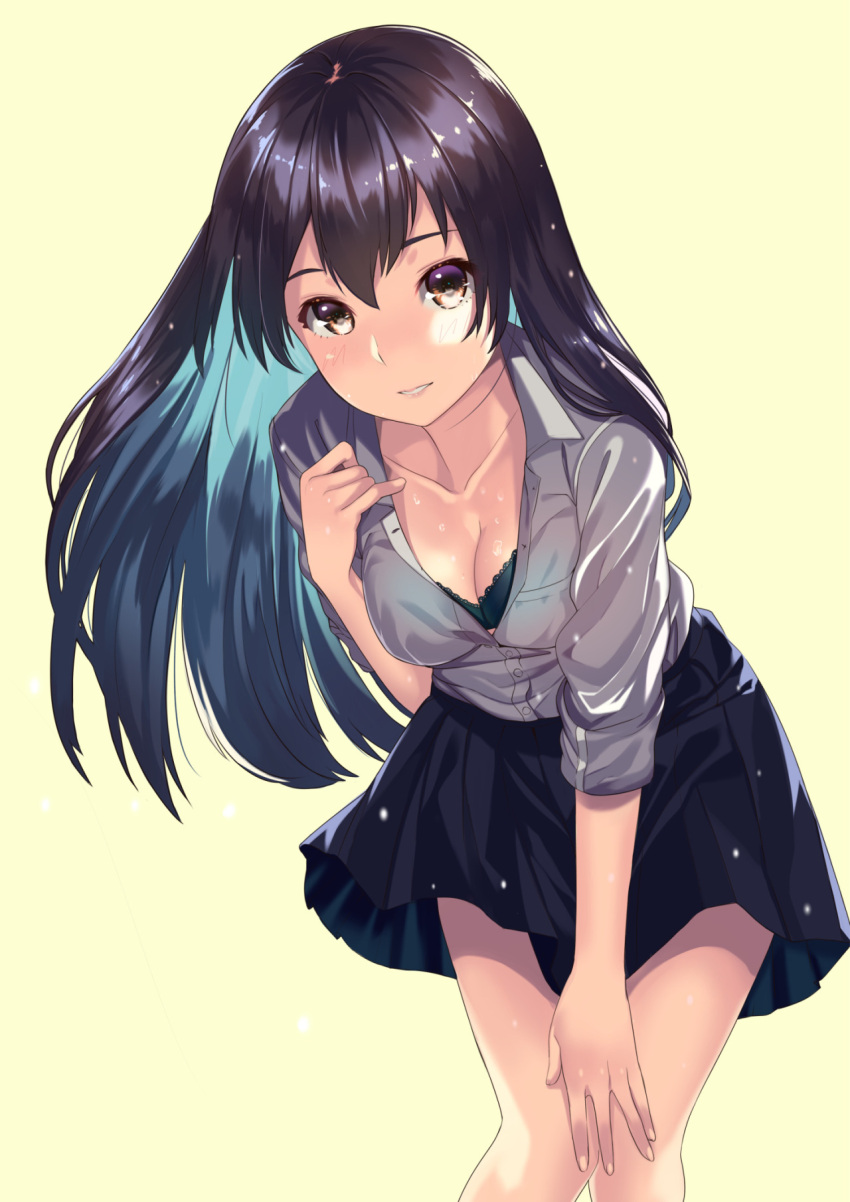 1girl bangs black_hair black_skirt blue_hair blush bra breasts brown_eyes cleavage collarbone collared_shirt dress dress_shirt green_bra grey_shirt heterochromia highres kagematsuri lace-trimmed_bra leaning_forward light_smile long_hair looking_at_viewer miniskirt multicolored_eyes multicolored_hair parted_lips purple_hair shirt simple_background skirt sleeves_rolled_up solo sweat two-tone_hair unbuttoned underwear violet_eyes water_drop yellow_background