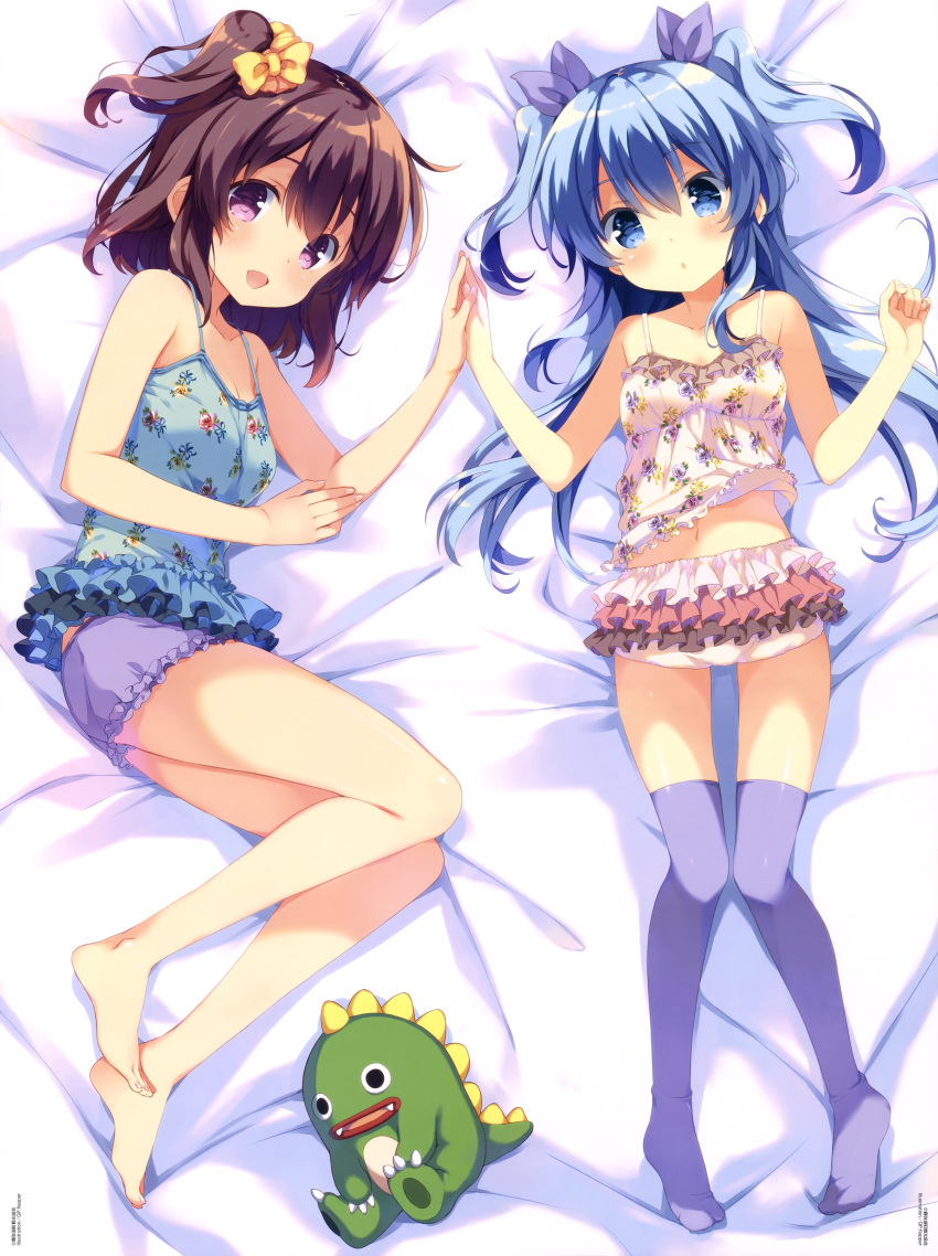 2girls absurdres artist_request barefoot bed blue_eyes blue_hair camisole dakimakura highres holding_hands komiya_nonoka long_hair looking_at_viewer lying multiple_girls navel noel_(sora_no_method) official_art on_back on_side one_side_up open_mouth ribbon short_shorts shorts side_ponytail smile sora_no_method stuffed_toy thigh-highs twintails two_side_up violet_eyes