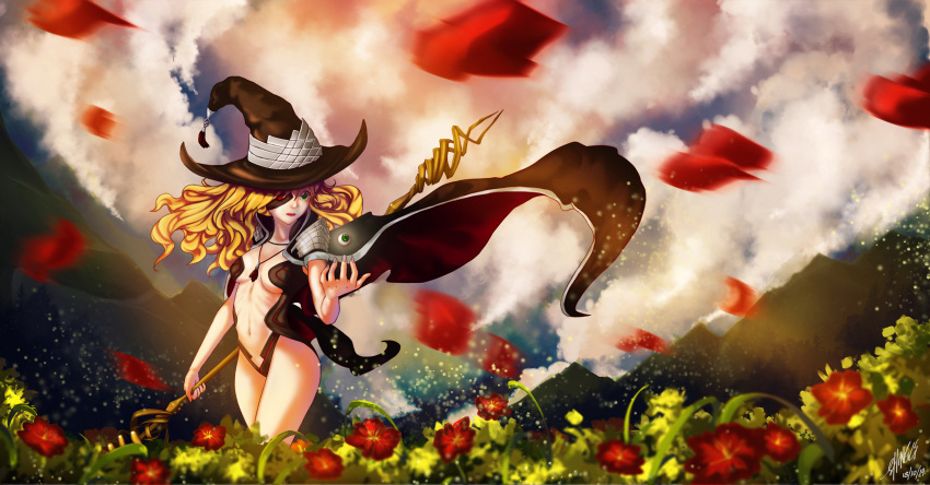 1girl artist_name artist_request blonde_hair blue_sky breasts cleavage clouds dated field flower flower_field green_eyes hat highres long_hair mountain navel othinus petals polearm sky solo spear thighs to_aru_majutsu_no_index weapon witch_hat