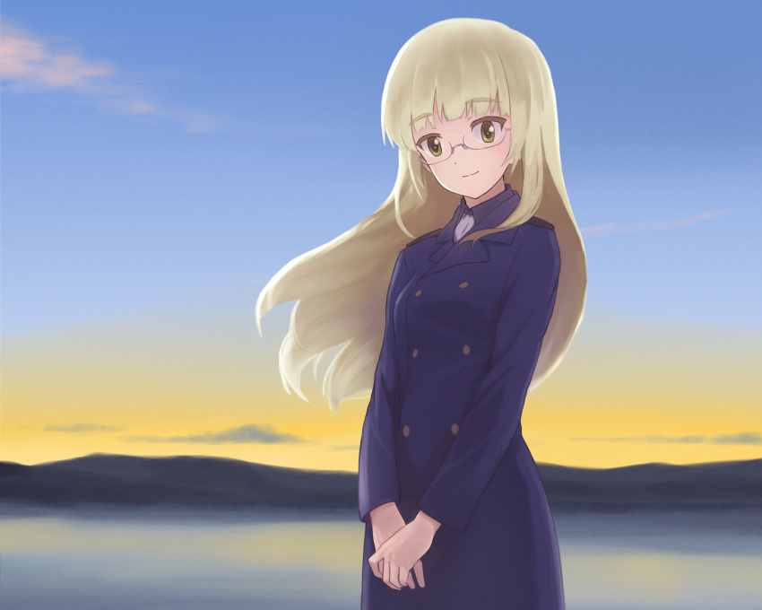 1girl alternate_costume birthday blonde_hair clouds coat commentary cowboy_shot glasses hands_together head_tilt highres hill light_smile long_hair perrine_h_clostermann shiratama_(hockey) sky solo strike_witches sunset upper_body water wind winter_clothes yellow_eyes