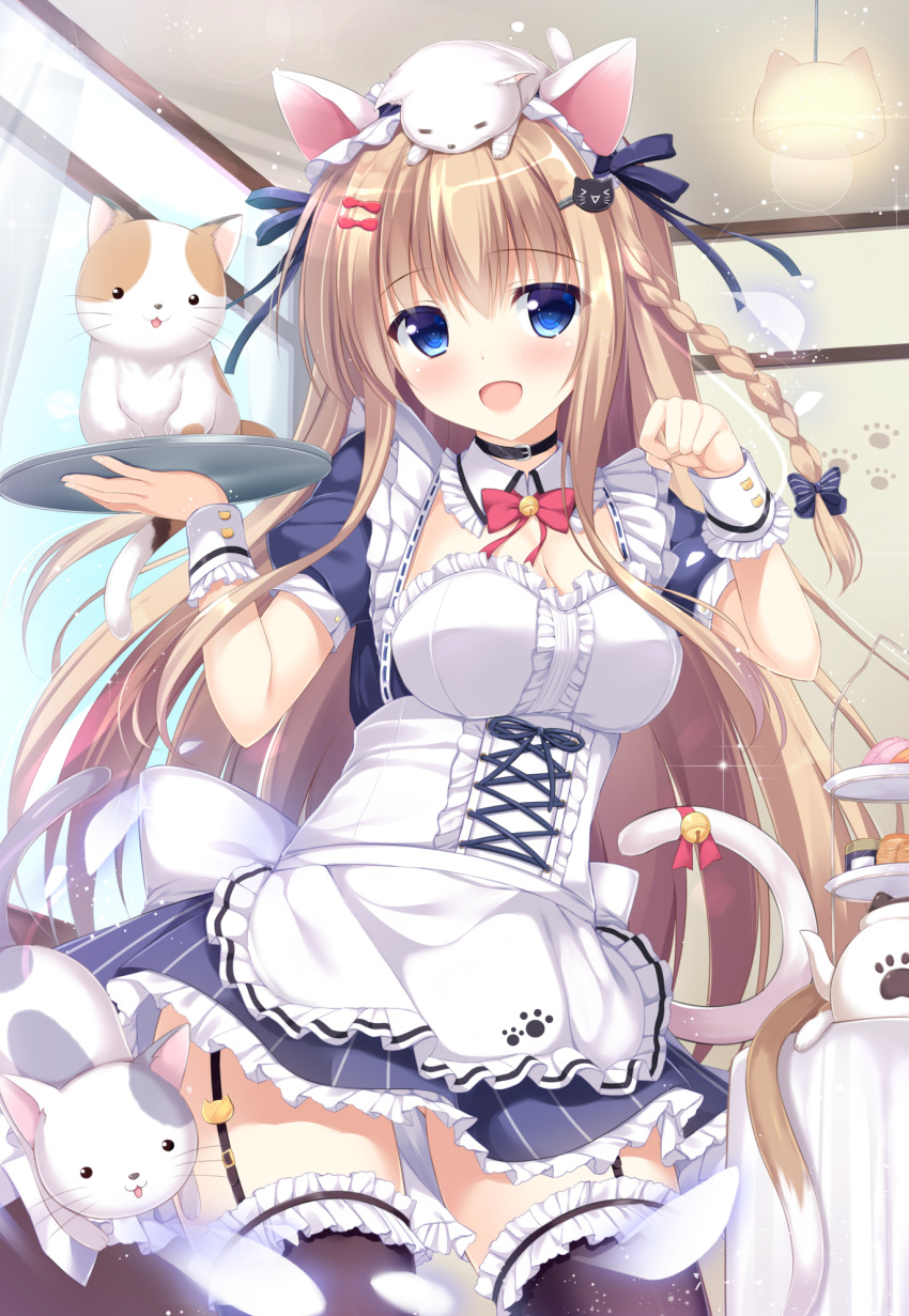 1girl :d animal_ears bell bell_collar black_legwear blush breasts brown_hair cat cat_ears cat_tail cleavage collar curtains detached_collar frilled_legwear garter_straps highres jingle_bell maid maid_headdress moe2016 open_mouth original smile tagme tail tail_bell thigh-highs tomoo_(tomo) tray waitress wrist_cuffs