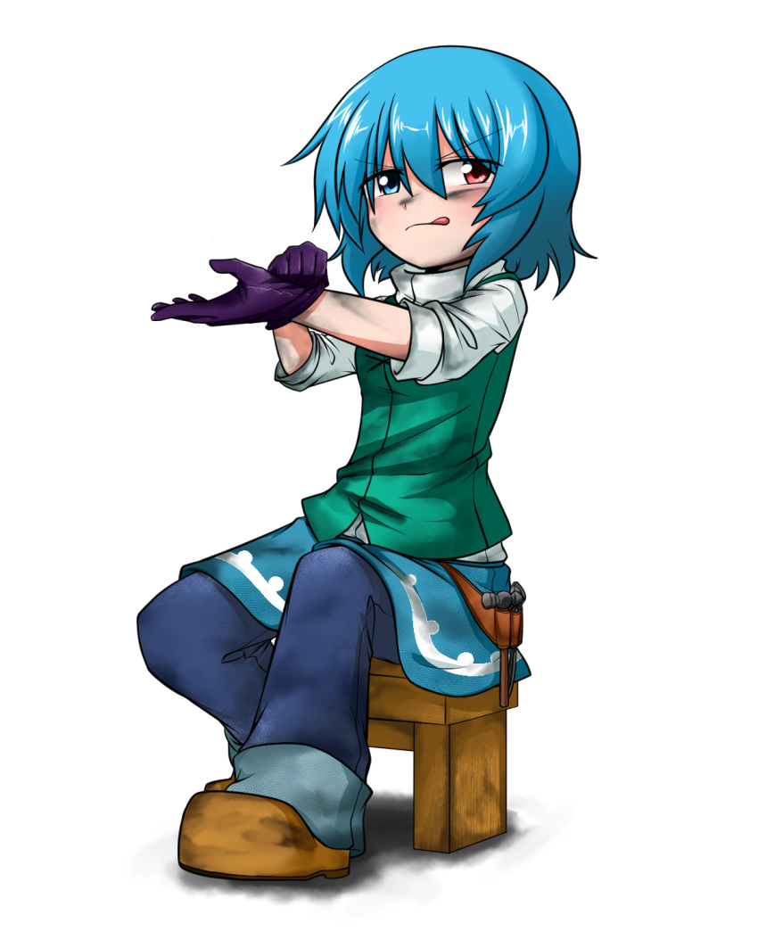 1girl :q blacksmith blue_eyes blue_hair blush boots denim dirty dirty_clothes dirty_face gloves hammer heterochromia highres jeans juliet_sleeves katsumi5o licking_lips long_sleeves looking_at_viewer pants pants_under_skirt puffy_sleeves putting_on_gloves red_eyes short_hair sitting skirt sleeves_rolled_up solo stool tatara_kogasa tongue tongue_out tool_belt touhou turtleneck vest