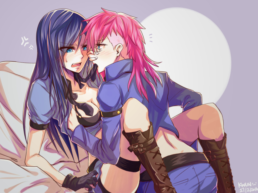 2girls :3 anger_vein artist_name black_bra blue_eyes blue_hair blush boots bra breasts caitlyn_(league_of_legends) cleavage fingerless_gloves gloves hand_on_another's_face highres league_of_legends mouth_hold multiple_girls no_hat open_clothes open_mouth open_shirt pink_hair police police_uniform shirt sweatdrop thigh_strap underwear uniform vi_(league_of_legends) xiao_guan yuri