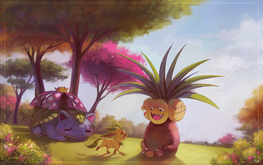 :d ^_^ ^o^ artist_name blue_sky cherry_blossoms claws closed_eyes closed_mouth exeggutor fangs field flower full_body grass highres leaf leafeon lying no_humans on_stomach open_mouth outdoors plant pointy_ears pokemon pokemon_(creature) shade shadow signature sitting sky sleeping smile smirk teeth venusaur watermark web_address