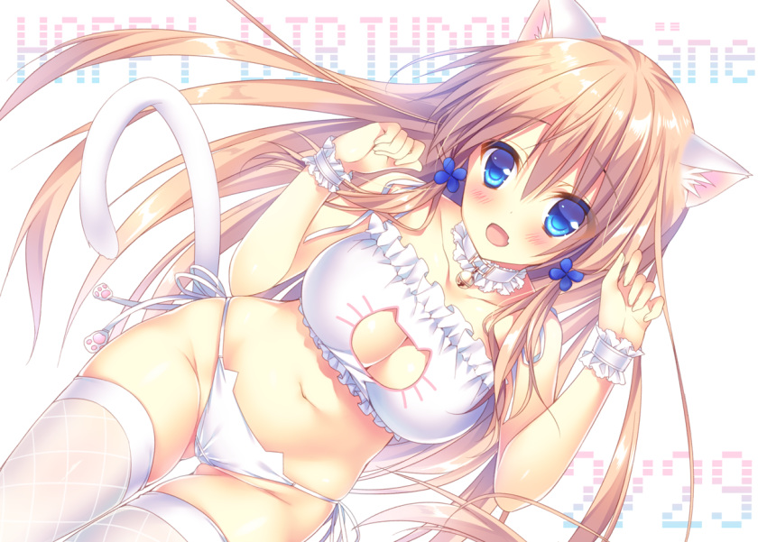 1girl :d animal_ears ass_visible_through_thighs bangs bell bell_choker blonde_hair blue_eyes blue_flower blush breasts cat_cutout cat_ear_panties cat_ears cat_lingerie cat_tail character_name choker collarbone cowboy_shot dutch_angle eyebrows eyebrows_visible_through_hair frills groin hair_between_eyes hair_ornament happy_birthday jingle_bell long_hair looking_at_viewer navel number open_mouth original panties paw_pose paw_print see-through side-tie_panties smile solo sorai_shin'ya stomach tail text thigh-highs thigh_gap traene_(sorai_shin'ya) underwear very_long_hair white_background white_legwear white_panties wrist_cuffs