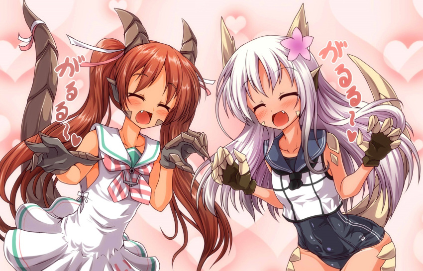 2girls brown_hair dragon_girl dress fang g_(desukingu) hair_ribbon horns kantai_collection libeccio_(kantai_collection) long_hair monster_girl multiple_girls open_mouth ribbon ro-500_(kantai_collection) sailor_dress sleeveless smile swimsuit swimsuit_under_clothes tail tan tanline translation_request twintails