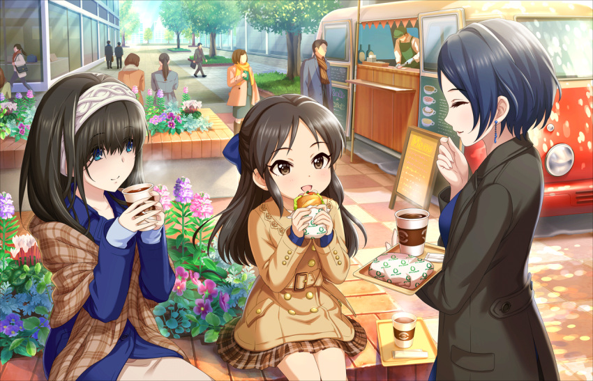 3girls artist_request black_hair blue_eyes blue_hair bow brown_eyes child coat day drinking earrings eating faceless flower friends hair_bow hairband hayami_kanade idolmaster idolmaster_cinderella_girls idolmaster_cinderella_girls_starlight_stage jewelry laughing long_hair multiple_girls official_art sagisawa_fumika smile tachibana_arisu tree