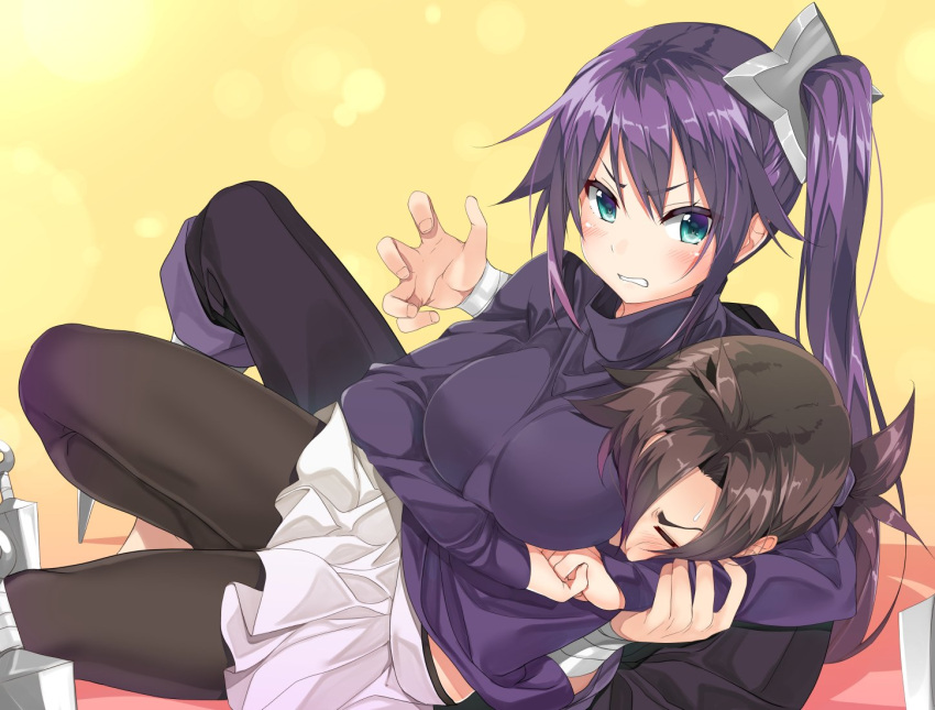 1boy 1girl aqua_eyes bandages black_legwear blush breasts brown_hair character_request clenched_teeth closed_eyes commentary_request copyright_request gintarou_(kurousagi108) headlock large_breasts long_hair lying on_side pantyhose purple_hair side_ponytail skirt teeth turtleneck very_long_hair wrestling