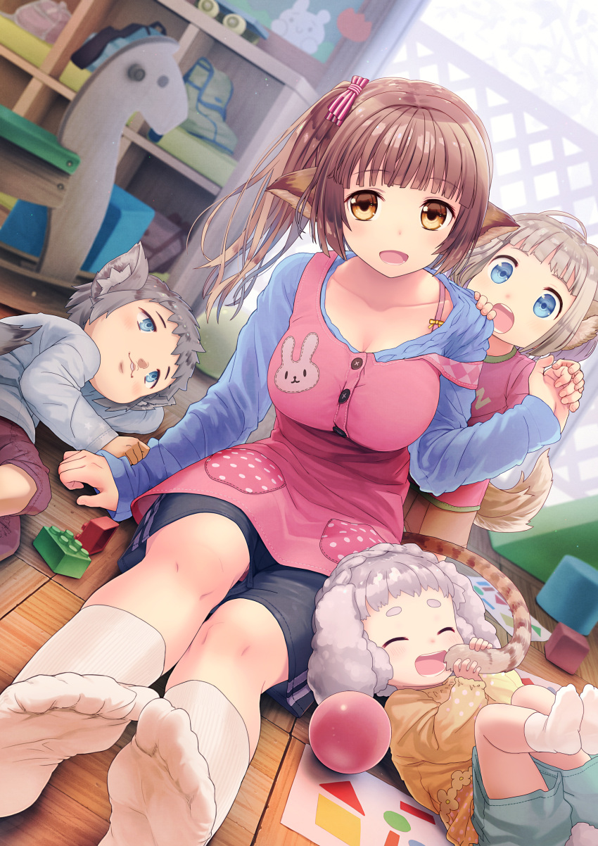 1girl :3 :o ^_^ absurdres ahoge animal_ears apron arm_pillow backpack bag ball bangs blue_eyes blunt_bangs blurry blush bow bra_strap braid breasts brown_eyes brown_hair bunny_print bunny_tail buttons cat_ears child cleavage closed_eyes clothes_grab clothes_writing collarbone cube curtains depth_of_field dog_ears dutch_angle eyebrows eyebrows_visible_through_hair eyelashes flower grey_hair hair_bow hair_intakes hand_on_another's_shoulder highres holding_another's_tail kindergarten kneehighs kurobuta_gekkan lap_pillow large_breasts lego_brick long_hair long_sleeves looking_at_another looking_at_viewer lying moe2016 on_back on_floor on_side one_side_up original paper polka_dot rabbit_ears railing rocking_horse shorts silver_hair sitting sleeves_past_wrists standing stitches strap_slip striped striped_bow sweater tail toy upshorts white_legwear wooden_floor yellow_bow