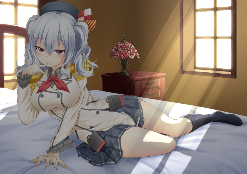 1girl arm_support bangs bedroom beret black_legwear blush breasts closed_mouth collared_shirt drawer dress_shirt epaulettes eyebrows eyebrows_visible_through_hair finger_to_mouth frilled_sleeves frills full_body gloves grey_eyes grey_shirt hair_ornament hat indoors jacket kantai_collection kashima_(kantai_collection) kerchief kneehighs lamp large_breasts leaning_to_the_side long_sleeves looking_at_viewer military military_uniform miniskirt no_shoes oekakizuki on_bed pleated_skirt shade shirt silver_hair sitting skirt smile solo striped twintails uniform white_gloves window window_shade