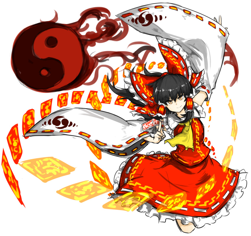 1girl alternate_eye_color ascot between_fingers black_hair bow brown_eyes collar detached_sleeves flame frilled_bow frilled_collar frilled_skirt frills full_body hair_tubes hakurei_reimu hand_up highres kan_(aaaaari35) long_skirt looking_at_viewer nontraditional_miko outstretched_arm ponytail red_shirt red_skirt ribbon-trimmed_headwear ribbon-trimmed_skirt ribbon-trimmed_sleeves ribbon_trim shiny shiny_hair shirt short_hair simple_background skirt smile solo talismans touhou white_background yin_yang
