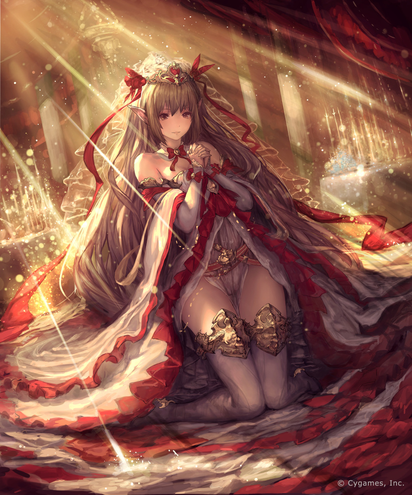 1girl absurdres bangs big_hair blonde_hair bow breasts bridal_veil candle chandelier cleavage company_name curtains detached_collar dress dutch_angle elbow_gloves fantasy fingerless_gloves flowing_dress gloves hands_clasped highres interlocked_fingers kneeling light_particles light_rays long_hair original pillar pointy_ears shingeki_no_bahamut shiny shiny_hair small_breasts smile solo table tablecloth tachikawa_mushimaro thigh-highs thighs tiara veil very_long_hair violet_eyes watermark white_dress white_legwear