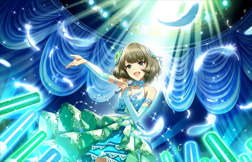 1girl artist_request blue_eyes blush brown_hair dress earrings feathers green_eyes heterochromia idolmaster idolmaster_cinderella_girls idolmaster_cinderella_girls_starlight_stage jewelry mole mole_under_eye necklace official_art open_mouth outstretched_hand short_hair singing smile solo takagaki_kaede