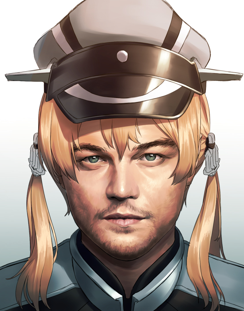 1boy anchor_hair_ornament beard blew_andwhite blonde_hair closed_mouth collat expressionless facial_hair gradient gradient_background graf_zeppelin_(kantai_collection)_(cosplay) green_eyes grey_background grey_hat hair_ornament hat highres lips looking_at_viewer male_focus peaked_cap simple_background upper_body