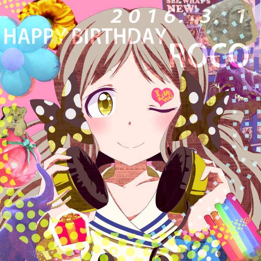 1girl av_(artist) blush bow flower grey_hair hair_bow handa_roko hands_on_headphones happy_birthday headphones headphones_around_neck highres holding_headphones idolmaster idolmaster_million_live! long_hair looking_at_viewer one_eye_closed smile solo tattoo twintails yellow_eyes