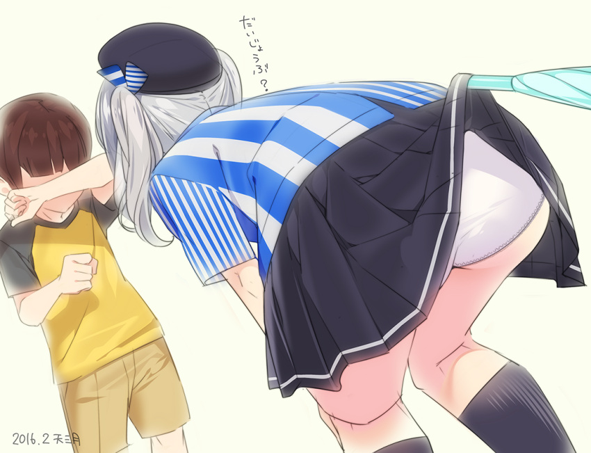 1boy 1girl ama_mitsuki bent_over brown_hair employee_uniform hat kantai_collection kashima_(kantai_collection) lawson looking_at_another lost_child panties raglan_sleeves silver_hair simple_background skirt skirt_lift tears twintails underwear uniform wiping_tears