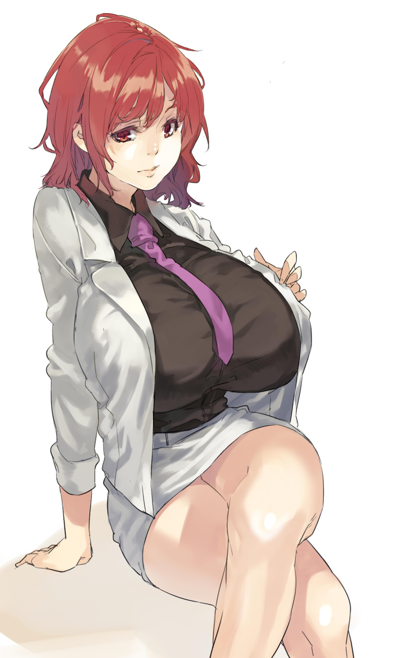1girl arm_support black_shirt breasts closed_mouth collared_shirt colored_eyelashes crossed_legs dress_shirt highres horikawa_raiko huge_breasts jacket long_sleeves looking_at_viewer miniskirt muneneko necktie pencil_skirt pink_necktie red_eyes redhead shirt short_hair simple_background sitting sketch skirt smile solo touhou white_background white_skirt