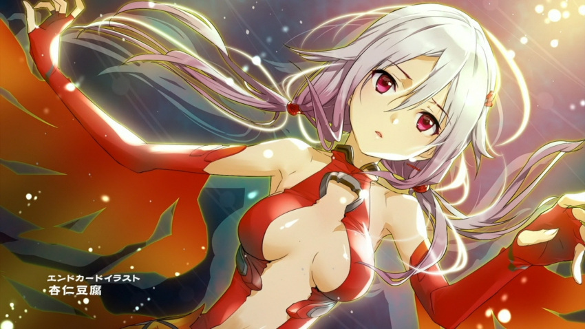 1girl annindoufu_(oicon) armpits bare_shoulders breasts center_opening detached_sleeves elbow_gloves end_card fingerless_gloves gloves gradient_hair guilty_crown hair_ornament hairclip highres leotard multicolored_hair purple_hair red_eyes screencap solo white_hair yuzuriha_inori