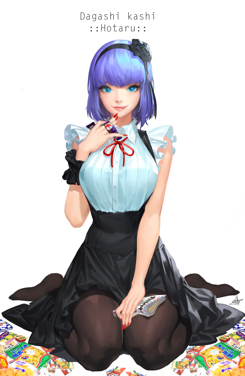 1girl absurdres bangs between_fingers black_flower black_legwear black_ribbon black_rose black_skirt blonde_hair blue_eyes breasts character_name cherrylich collared_shirt copyright_name dagashi_kashi dress_shirt flower food frilled_sleeves frills full_body hair_flower hair_ornament hair_ribbon hairband hand_on_own_thigh high-waist_skirt highres holding large_breasts licking_lips looking_at_viewer nail_polish neck_ribbon no_shoes pantyhose pink_lips purple_hair red_nails red_ribbon ribbon ringed_eyes rose shidare_hotaru shirt short_hair signature simple_background sitting skirt smile snack solo suspender_skirt suspenders sweets tongue tongue_out umaibou wariza white_background white_shirt wrist_cuffs