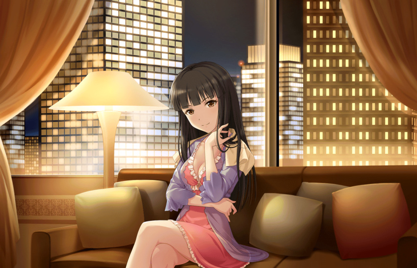 1girl artist_request bangs black_hair blunt_bangs breasts brown_eyes city_lights cityscape cleavage couch crossed_arms dress idolmaster idolmaster_cinderella_girls idolmaster_cinderella_girls_starlight_stage kurokawa_chiaki lamp long_hair looking_at_viewer night night_sky official_art pillow sky smile solo