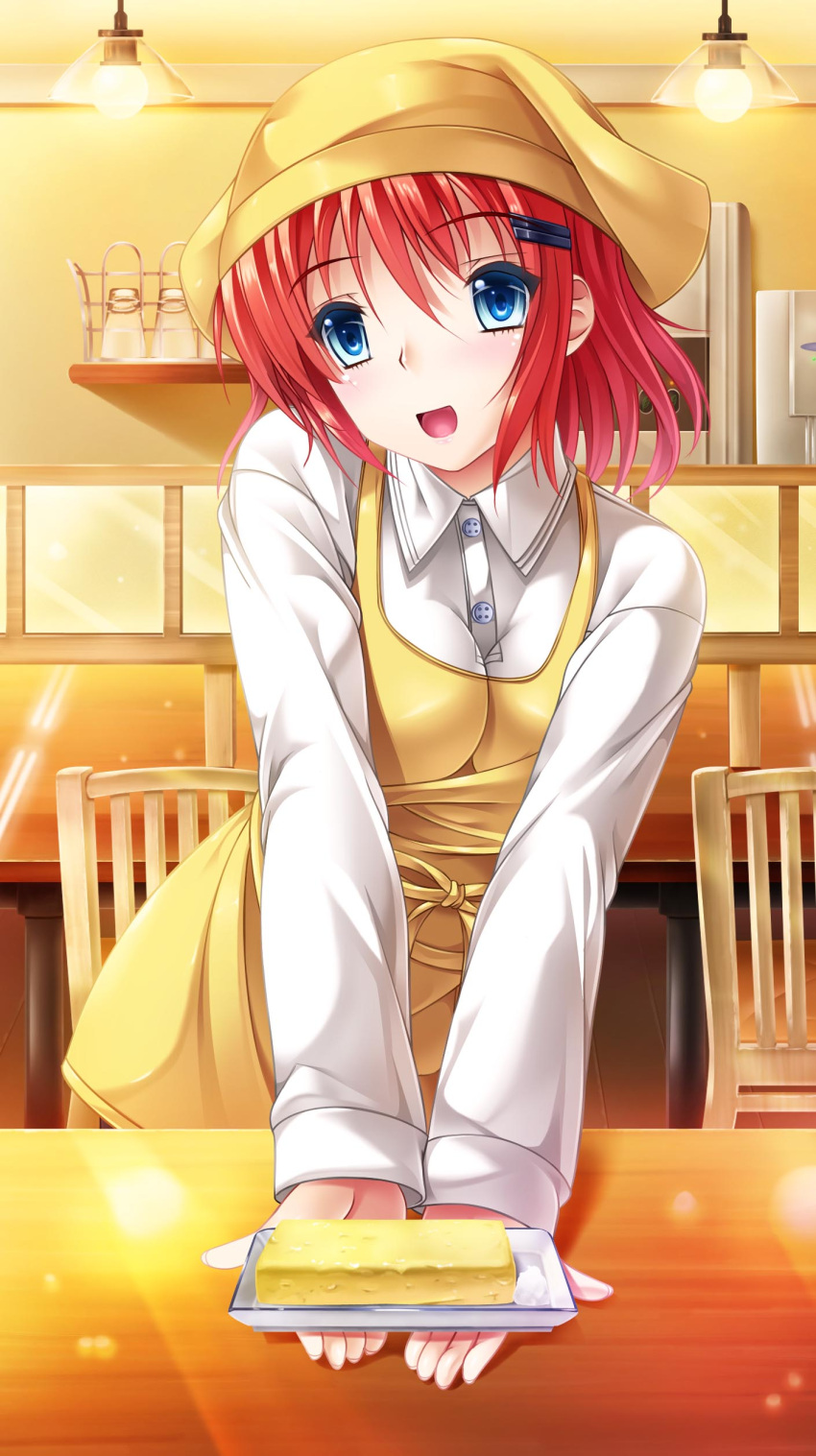 1girl absurdres apron bangs blue_eyes breasts buttons chair collared_shirt food hair_ornament hairclip hairpin hanging_light happy head_scarf highres impossible_clothes impossible_shirt indoors kouichi_eiji light_bulb long_sleeves looking_at_viewer moe2016 open_mouth original outstretched_arms redhead restaurant shirt short_hair smile solo table waitress white_shirt yellow yellow_apron