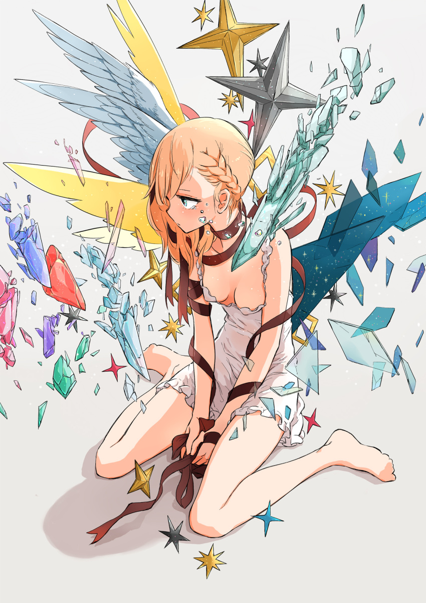 1girl arakawa_(aintnoroom) blonde_hair braid breasts broken feathered_wings flying_teardrops frills grey_background highres long_hair original red_ribbon ribbon solo star tears white_wings wings yellow_wings