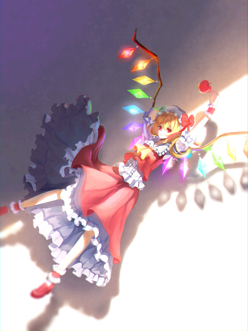 1girl absurdres apple arm_behind_head arm_up blonde_hair blurry bow cravat depth_of_field flandre_scarlet food frilled_skirt frills fruit glowing hair_between_eyes hat hat_bow highres long_skirt looking_at_viewer mob_cap red_bow red_eyes red_shoes red_vest shadow shoes side_ponytail skirt skirt_set solo touhou toushi_(pixiv11987649) white_hat wings wrist_cuffs