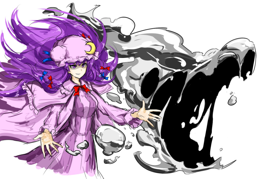 1girl bow breasts capelet crescent_moon_pin dress hair_ribbon hat hat_ornament kan_(aaaaari35) long_hair long_sleeves materializing mob_cap monster patchouli_knowledge purple_coat purple_dress purple_hair ribbon roaring shaded_face simple_background sketch smirk solo striped striped_dress touhou tress_ribbon white_background wind