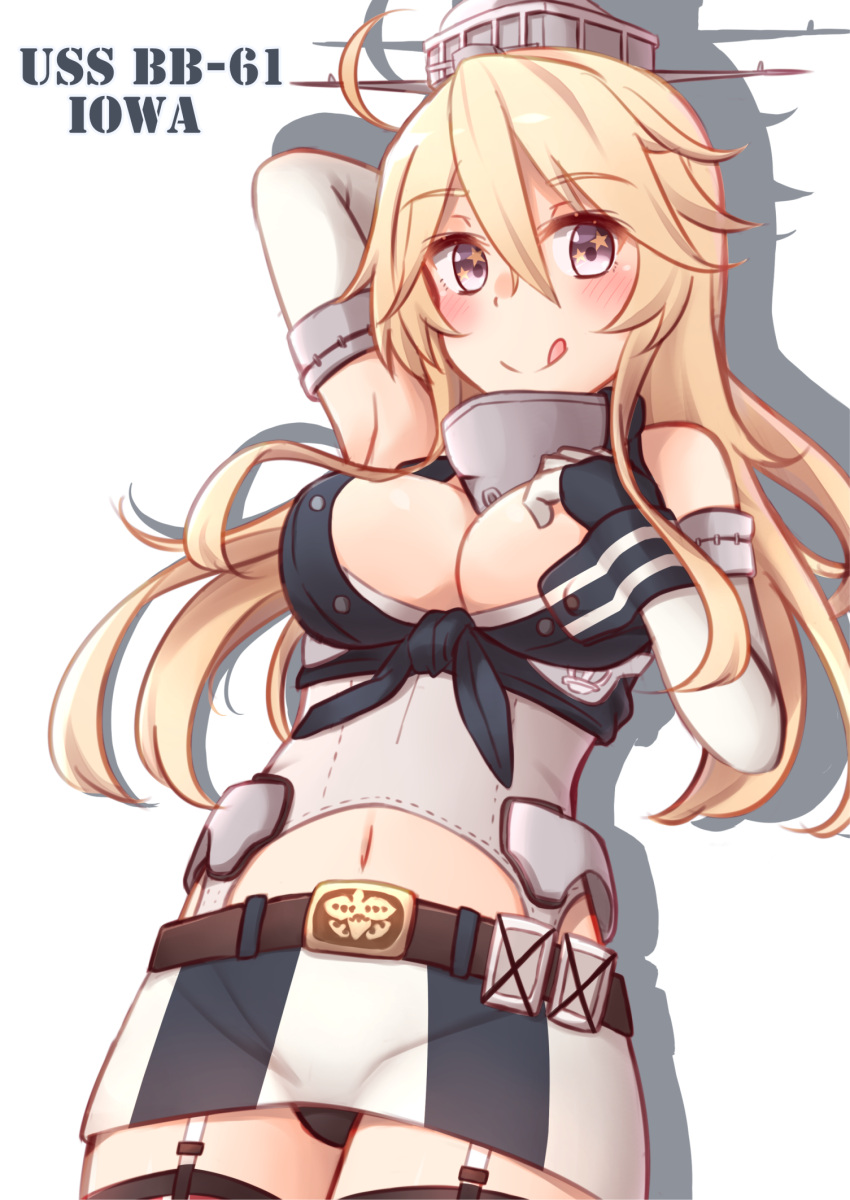 1girl blonde_hair breasts cleavage fingerless_gloves gloves grey_eyes highres iowa_(kantai_collection) kantai_collection kapatarou navel panties pantyshot thigh-highs tongue tongue_out underwear
