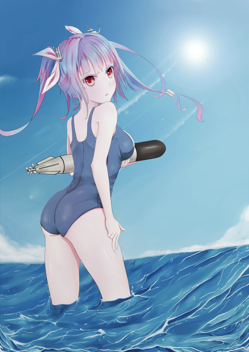1girl absurdres ass blue_hair blue_sky breasts condensation_trail cowboy_shot from_side hair_ribbon highres holding i-19_(kantai_collection) kantai_collection large_breasts long_hair looking_at_viewer looking_back looking_to_the_side name_tag outdoors parted_lips red_eyes ribbon school_swimsuit sky solo sun swimsuit syan_(tiaowudegutou) torpedo tri_tails wading water