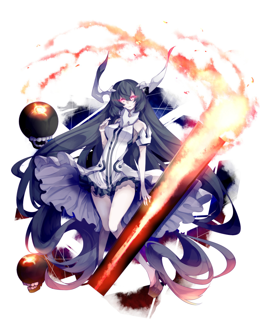 1girl absurdres anchorage_water_oni bare_shoulders black_hair breasts burning dress enemy_aircraft_(kantai_collection) flight_deck full_body glowing glowing_eyes high_heels highres horns kantai_collection long_hair overskirt puuneko red_eyes shinkaisei-kan simple_background solo very_long_hair white_dress white_skin
