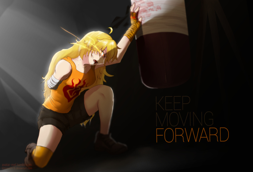 1girl ahoge amputee bandages blonde_hair blood boots breasts english glowing glowing_eyes light_rays long_hair open_mouth punching_bag rwby shorts single_thighhigh solo spoilers sweat text thigh-highs thighs yang_xiao_long