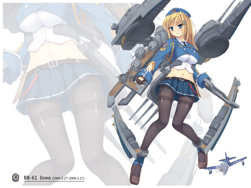 1girl 2006 aiguillette airplane bangs belt beret black_gloves black_legwear blonde_hair blue_eyes blue_hat blue_jacket blue_skirt blush breasts brown_shoes cannon character_name collared_shirt cropped_jacket dagger dated double-breasted dress_shirt eyebrows eyebrows_visible_through_hair fingerless_gloves flight_deck gloves hair_ornament hat highres holding jacket kantai_collection large_breasts long_hair long_sleeves machinery midriff military military_uniform miniskirt navel original pantyhose pleated_skirt shirt shoes skirt sleeves_folded_up solo srwsrx_(gp03dsrx) stomach thighband_pantyhose turret uniform uss_iowa_(bb-61) weapon zoom_layer