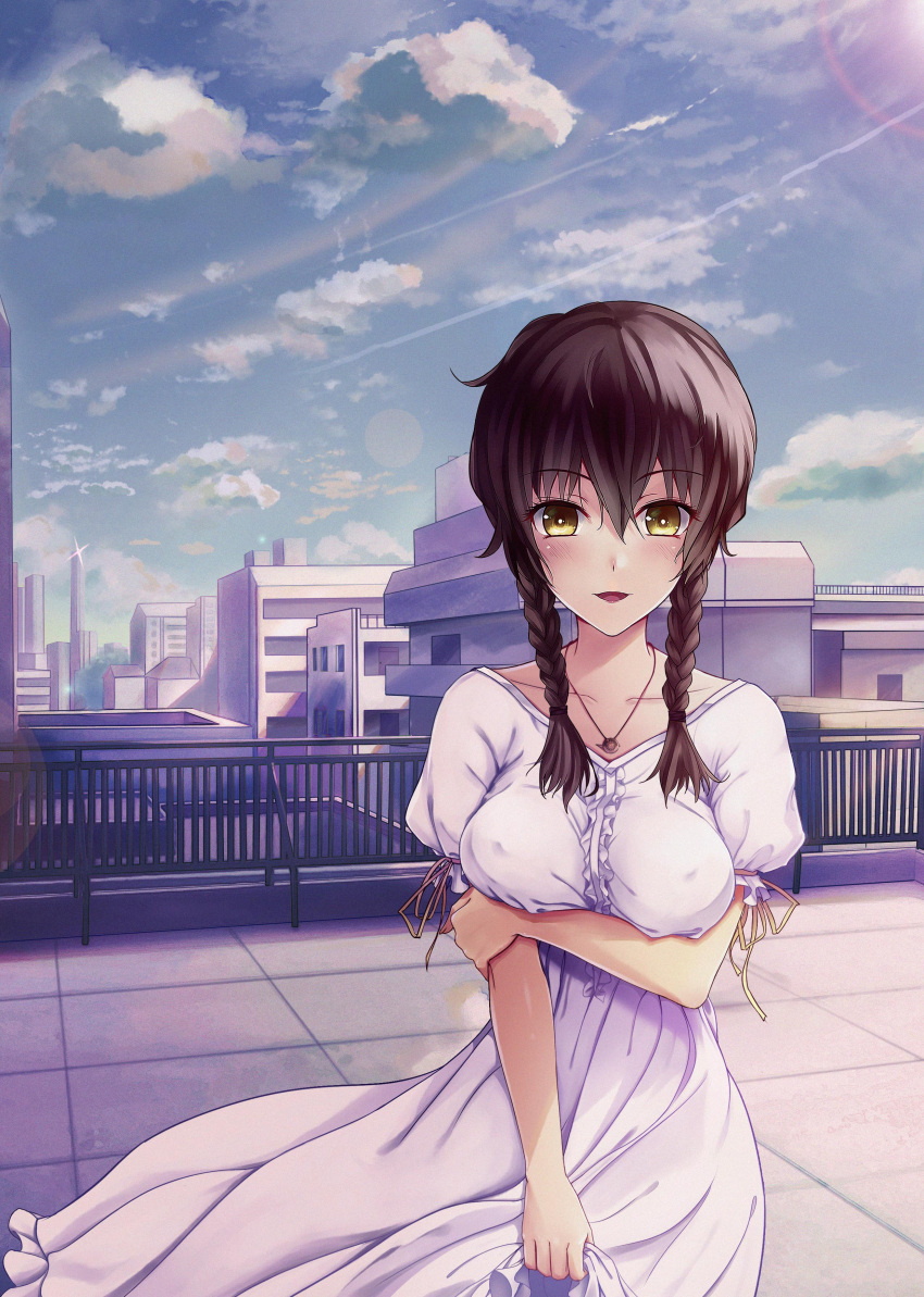 1girl absurdres amane_suzuha blush braid breast_hold breasts brown_hair building city collarbone covered_nipples cowboy_shot dress glint highres jewelry lens_flare long_hair looking_at_viewer necklace open_mouth outdoors puffy_short_sleeves puffy_sleeves short_sleeves skirt_hold smile solo steins;gate syan_(tiaowudegutou) twin_braids white_dress yellow_eyes