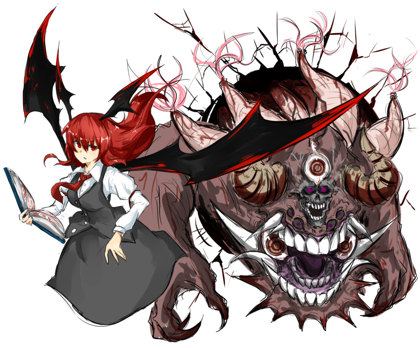 1girl bangs black_skirt black_vest book breasts collared_shirt demon_wings extra_eyes fangs floating focused hair_between_eyes highres holding holding_book horns kan_(aaaaari35) koakuma long_sleeves looking_at_viewer monster necktie open_book red_eyes red_necktie redhead shaded_face shiny shiny_hair shirt simple_background sketch skirt skirt_set solo summoning touhou white_background white_shirt wind wings