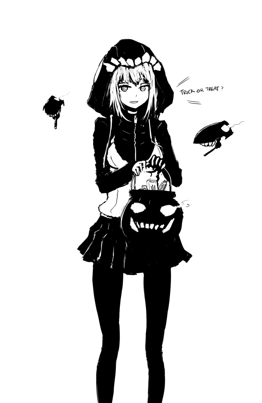 1girl adapted_costume alternate_costume black_legwear candy commentary_request enemy_aircraft_(kantai_collection) english halloween highres hood hoodie kantai_collection monochrome sate short_hair skirt smile wo-class_aircraft_carrier