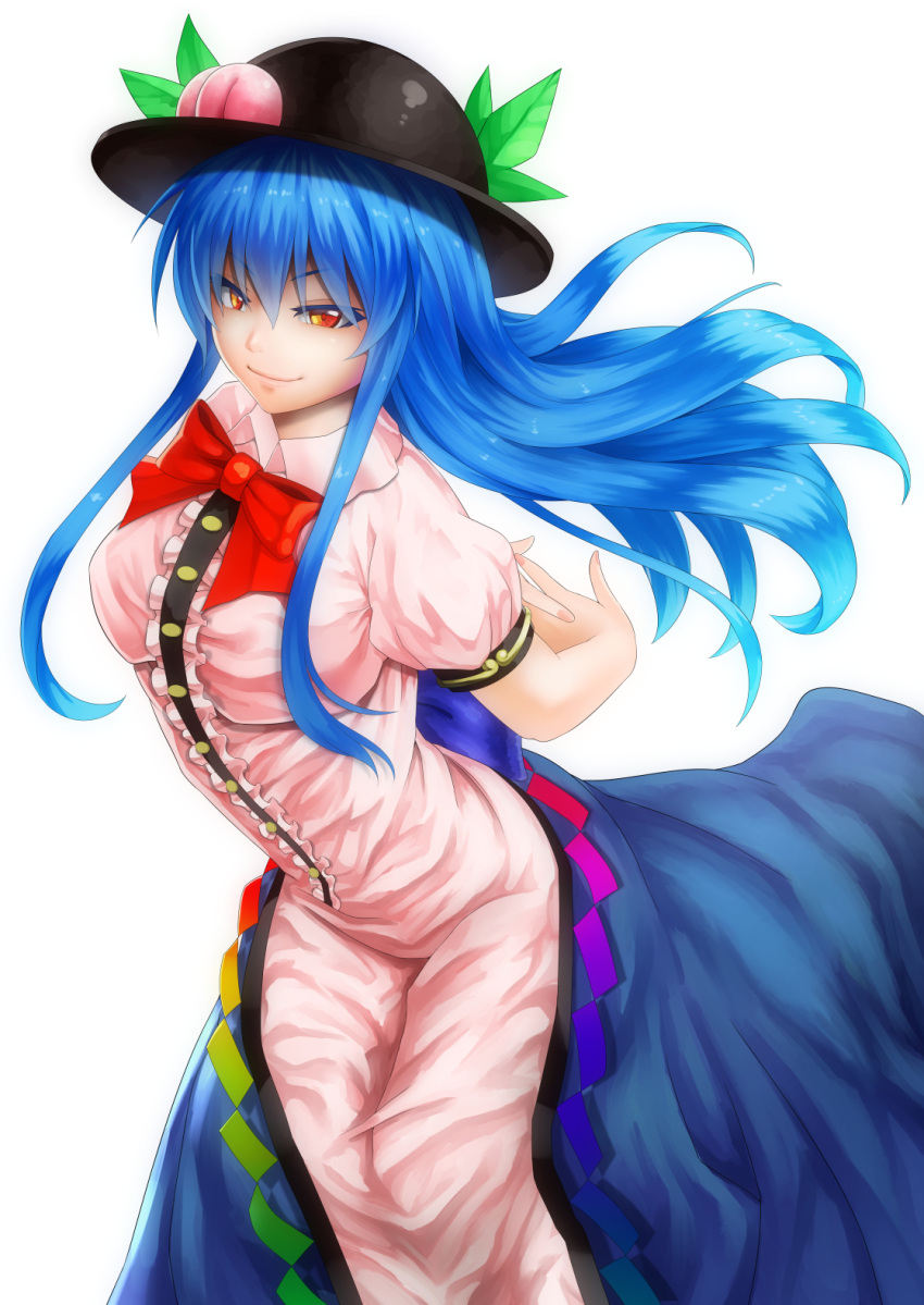 &gt;:) 1girl arms_behind_back black_bow black_hat blue_hair bow bowtie center_frills closed_mouth collar colored_eyelashes floating_hair hair_between_eyes hat highres hinanawi_tenshi interlocked_fingers leaf lips long_hair long_skirt open_clothes open_skirt ototarou own_hands_together puffy_short_sleeves puffy_sleeves rainbow_order red_bow red_bowtie red_eyes short_sleeves sidelocks simple_background skirt smile solo stretch touhou tsurime very_long_hair white_background