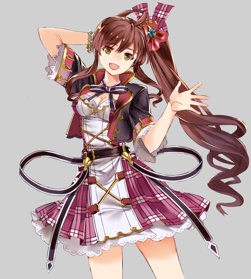 1girl absurdres ahoge belt breasts brown_eyes brown_hair cleavage diantha_(granblue_fantasy) dress frilled_skirt frilled_sleeves frills granblue_fantasy grey_background hair_ornament hand_behind_head highres jewelry long_hair neck_ribbon open_hand open_mouth ponytail ribbon ruisento short_sleeves side_ponytail simple_background skirt sleeveless sleeveless_dress smile solo vest