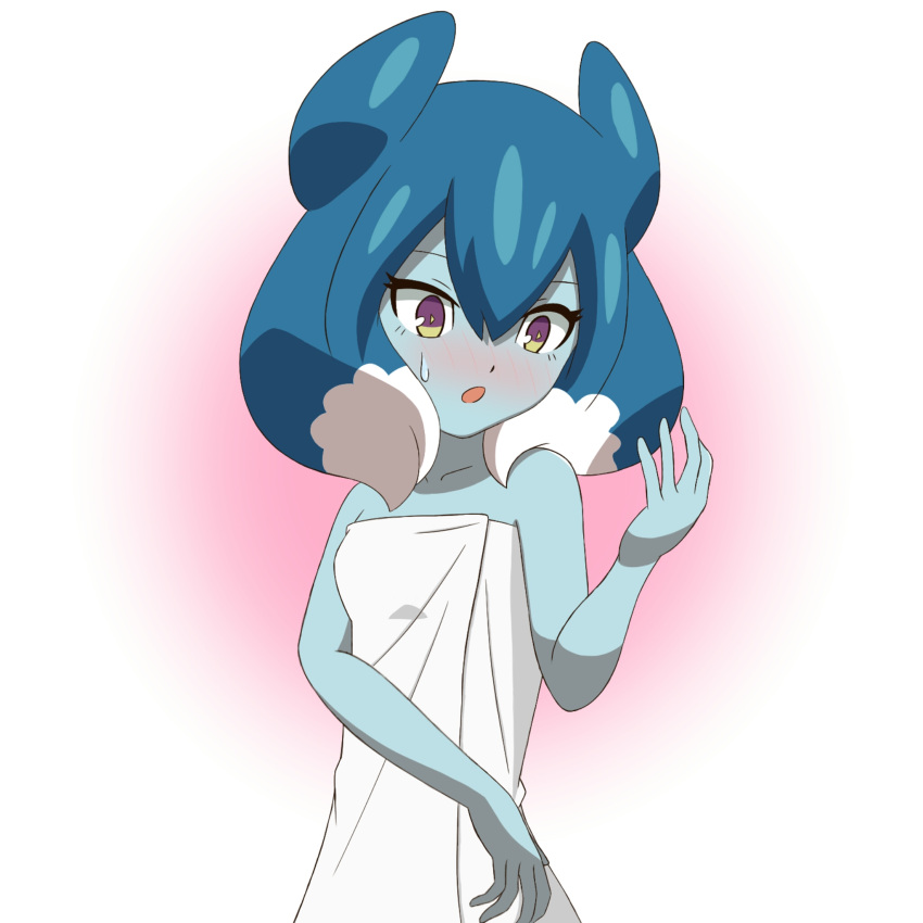 1girl blue_hair blue_skin blush flat_color highres inazuma_eleven_(series) inazuma_eleven_go inazuma_eleven_go_galaxy long_hair multicolored_hair naked_towel open_mouth powai_pichori solo sweatdrop to-ya_musium towel two-tone_hair violet_eyes white_hair